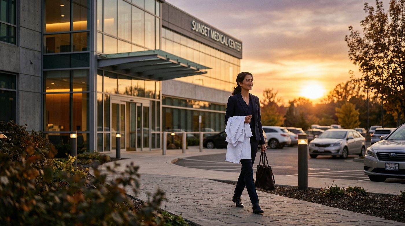 Physician leaving clinic at sunset