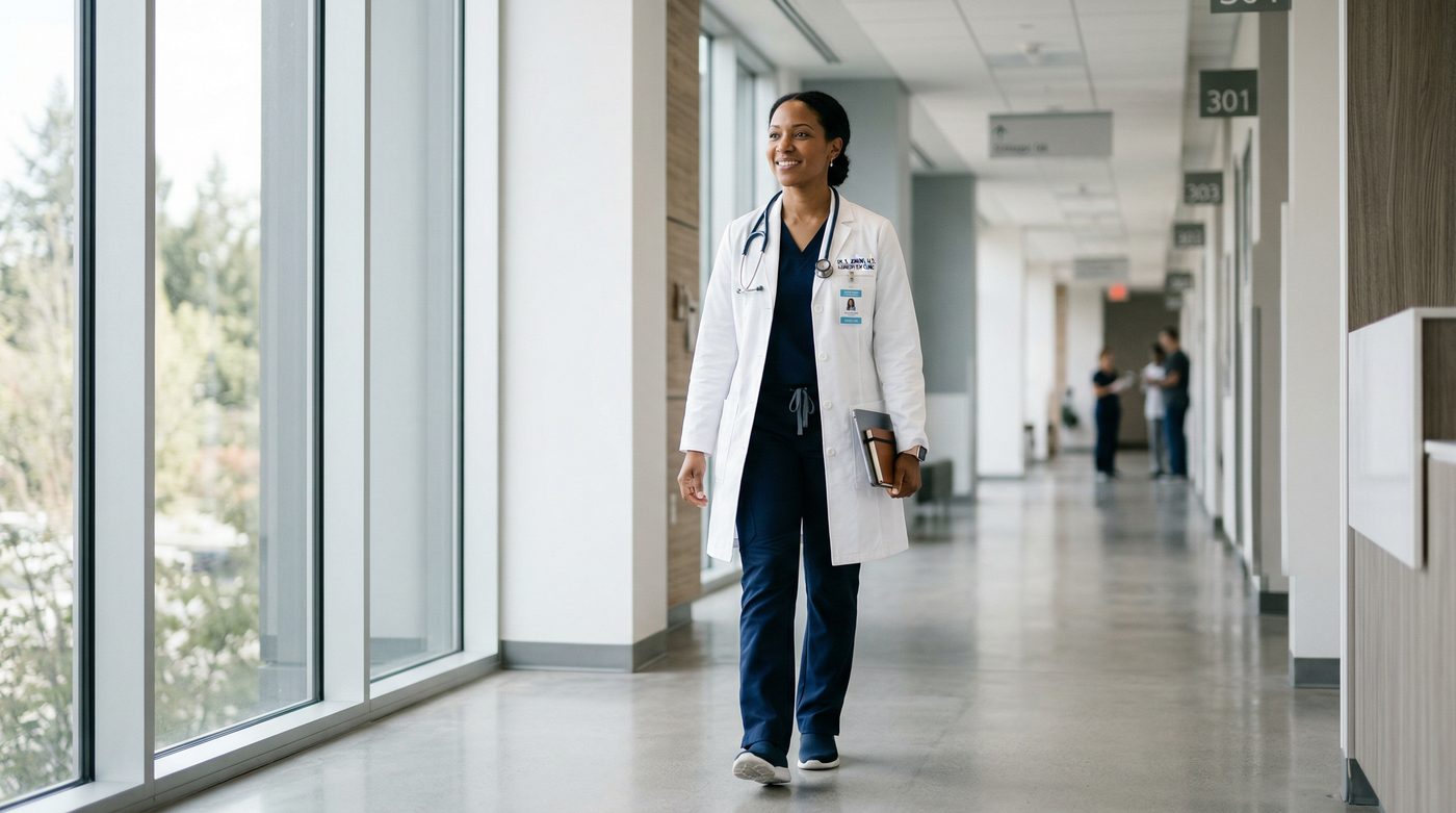 Physician walking through modern clinic hallway
